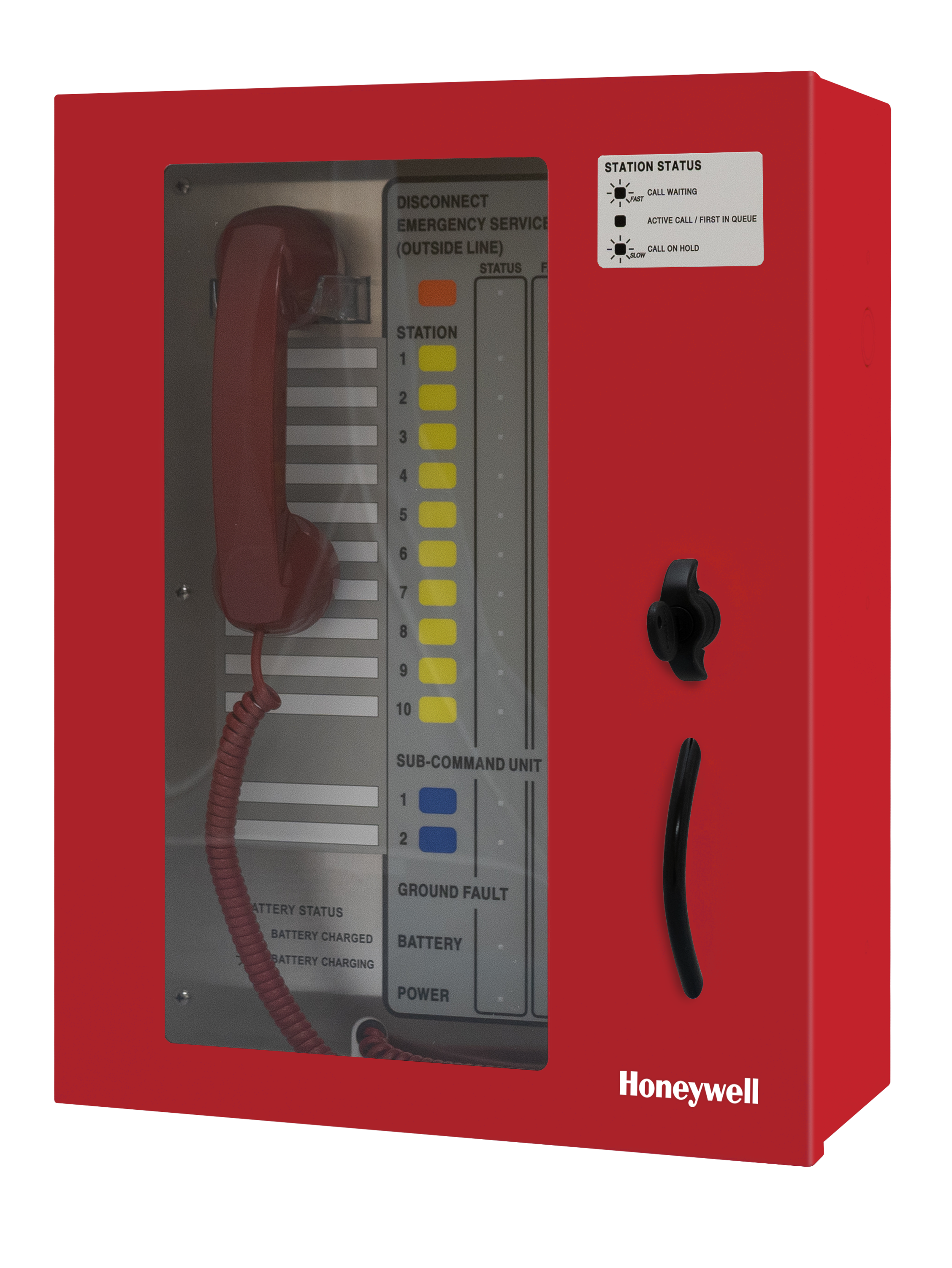 UL 2525 Listed Area of Refuge Command Unit with 10-station capacity, door with keyed latch, red enclosure