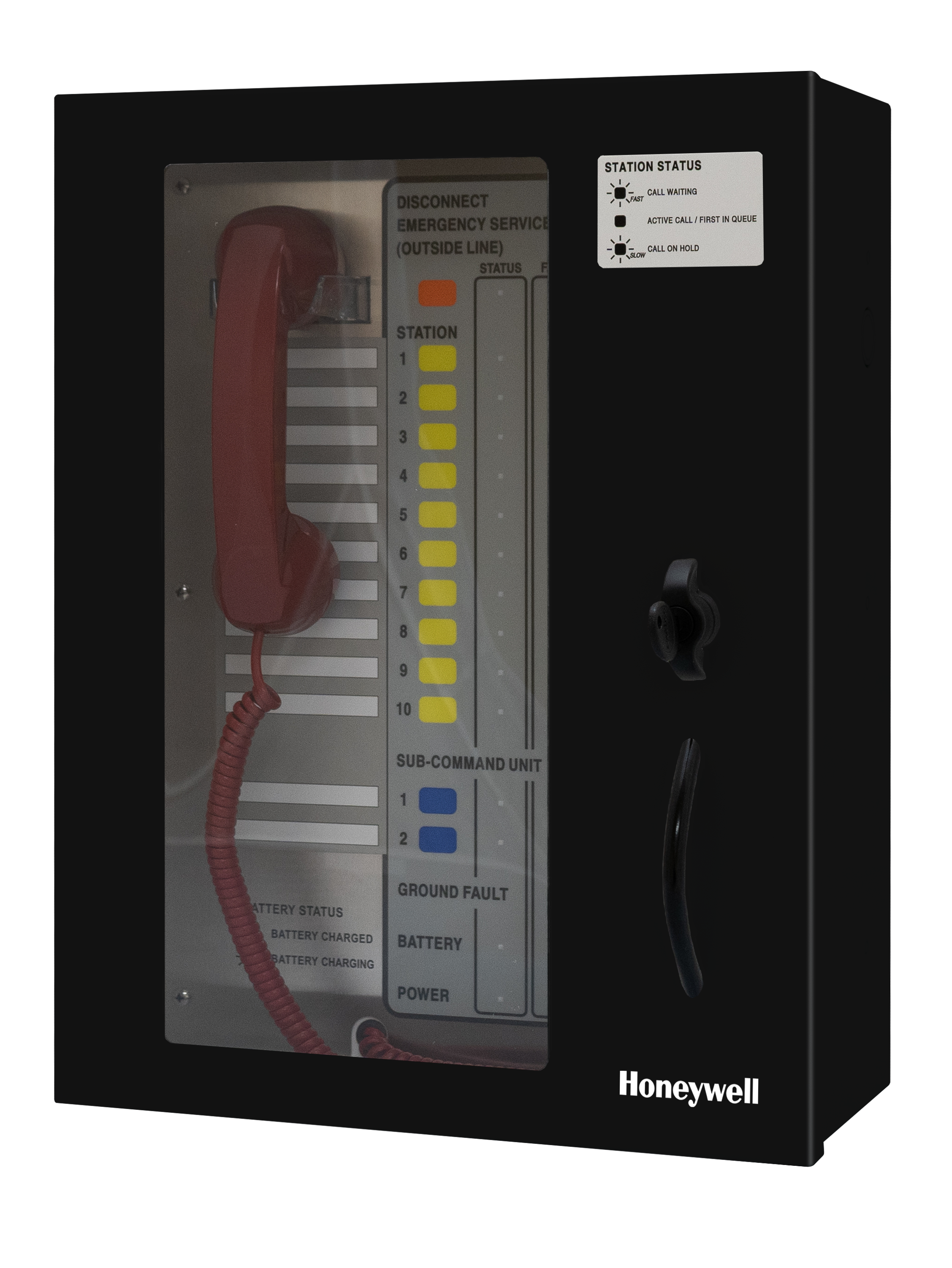 UL 2525 Listed Area of Refuge Command Unit with 10-station capacity, door with keyed latch, black enclosure