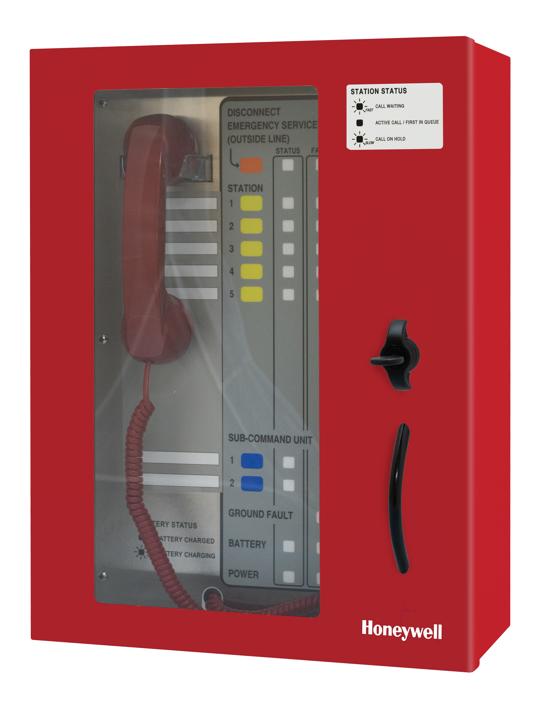 UL 2525 Listed Area of Refuge Command Unit with 5-station capacity, door with keyed latch, red enclosure