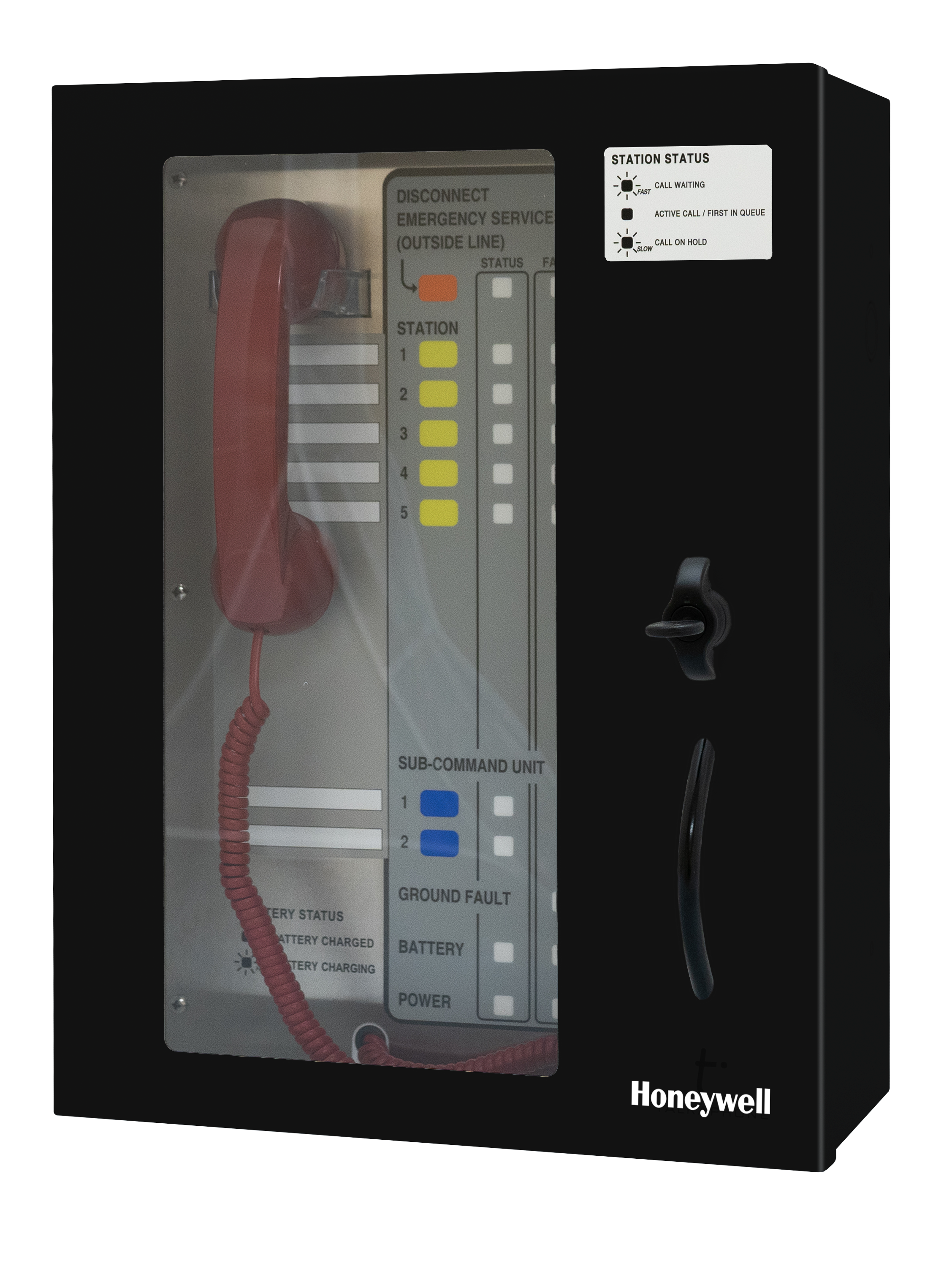 UL 2525 Listed Area of Refuge Command Unit with 5-station capacity, door with keyed latch, black enclosure